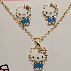 2 PCS HELLO KITTY SANRIO GOLD FLASH PLATED ENAMEL CRYSTAL NECKLACE & EARRINGS